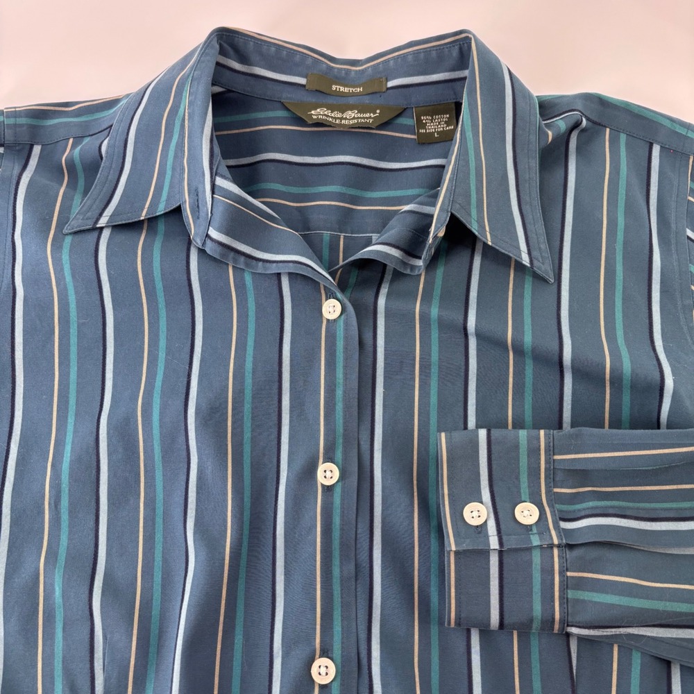 Eddie Bauer Button Up Shirt Womens Large Blue Striped Stretch Wrinkle Resistant